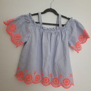 🧸2/20$ Zara 11-12T Girl Blue Neon Coral Striped Off-Shoulder Top Blouse Summer